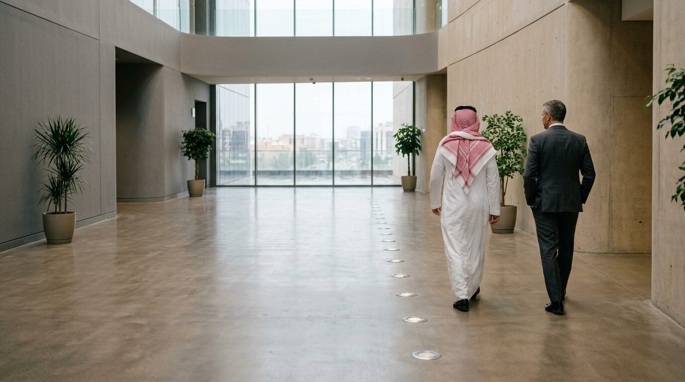 Two people walking through a modern office atrium